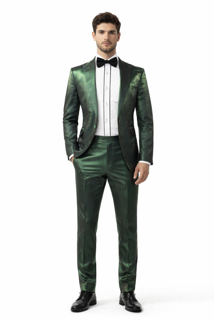 Rossiman Men’s Green Sateen Suit | Glossy Finish with Modern Flair – Italian Tailored Double-Breasted Luxury Suit