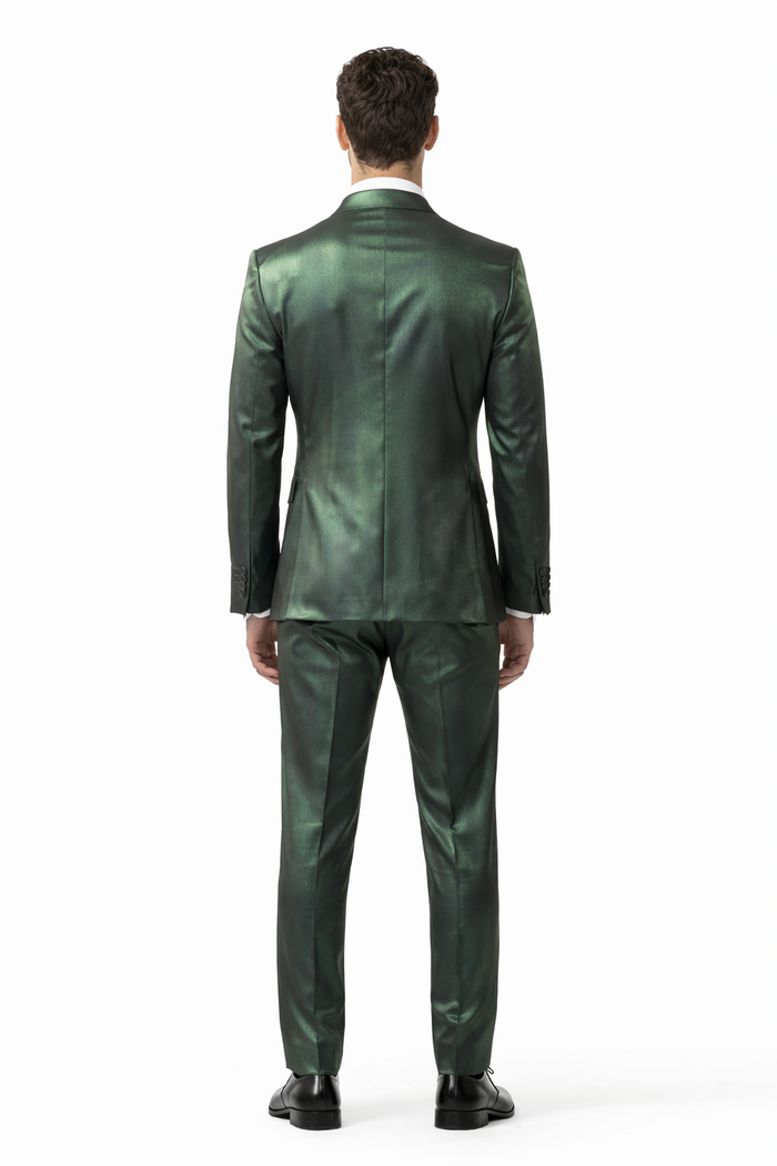 Rossiman Men’s Green Sateen Suit | Glossy Finish with Modern Flair – Italian Tailored Double-Breasted Luxury Suit