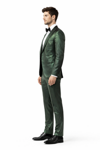 Rossiman Men’s Green Sateen Suit | Glossy Finish with Modern Flair – Italian Tailored Double-Breasted Luxury Suit