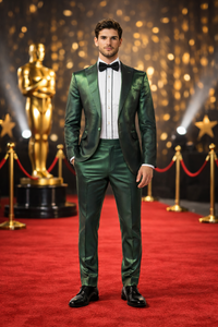Rossiman Men’s Green Sateen Suit | Glossy Finish with Modern Flair – Italian Tailored Double-Breasted Luxury Suit