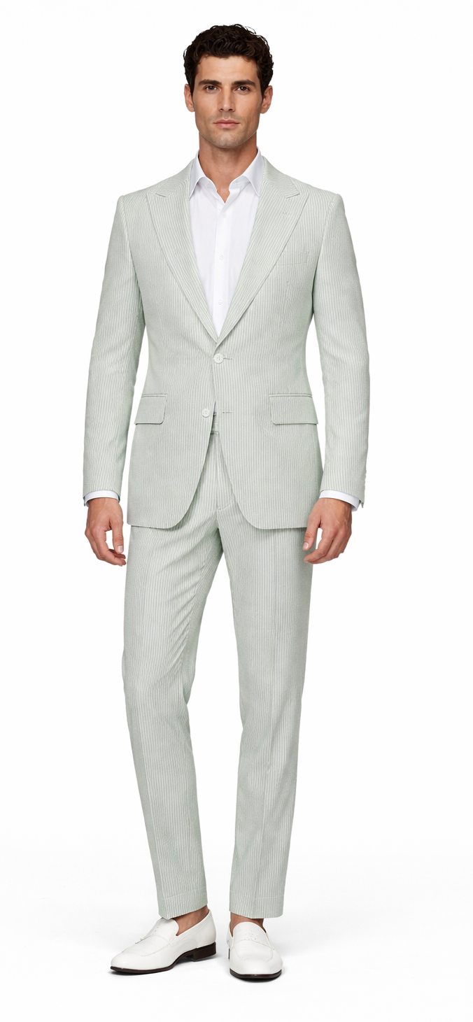 Rossiman Men’s Light Green Seersucker Suit – Peak Lapel Summer Formalwear