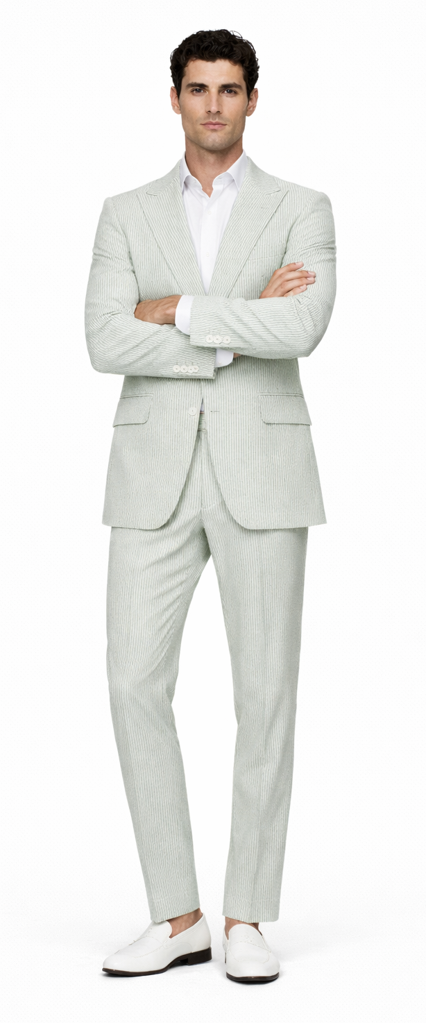 Rossiman Men’s Light Green Seersucker Suit – Peak Lapel Summer Formalwear