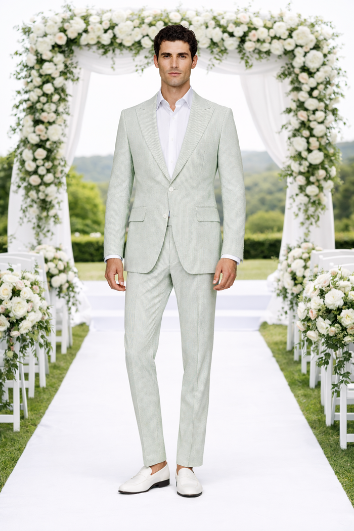 Rossiman Men’s Light Green Seersucker Suit – Peak Lapel Summer Formalwear
