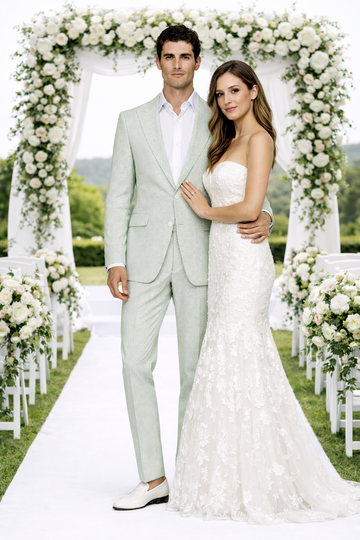 Rossiman Men’s Light Green Seersucker Suit – Peak Lapel Summer Formalwear