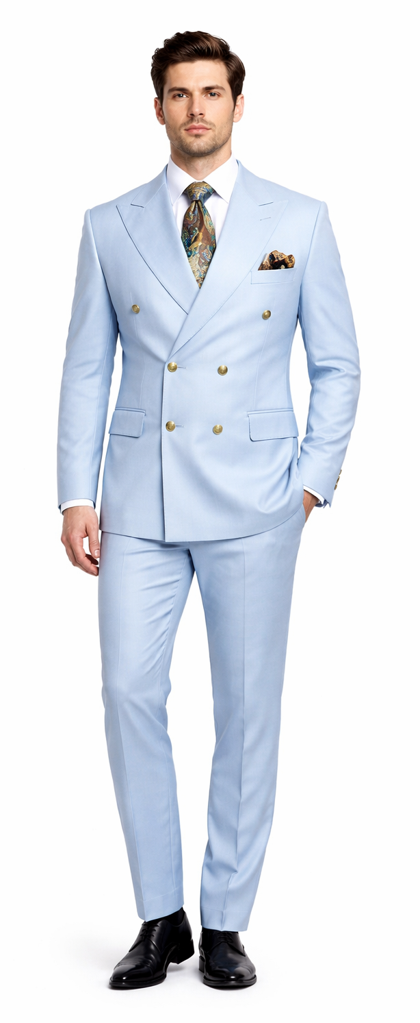 Rossiman Men’s Light Blue Slim Fit Suit | Elegant Double-Breasted Design – Italian Tailored 3-Piece Luxury Suit