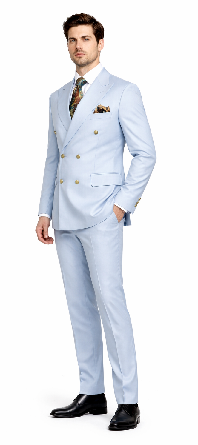 Rossiman Men’s Light Blue Slim Fit Suit | Elegant Double-Breasted Design – Italian Tailored 3-Piece Luxury Suit