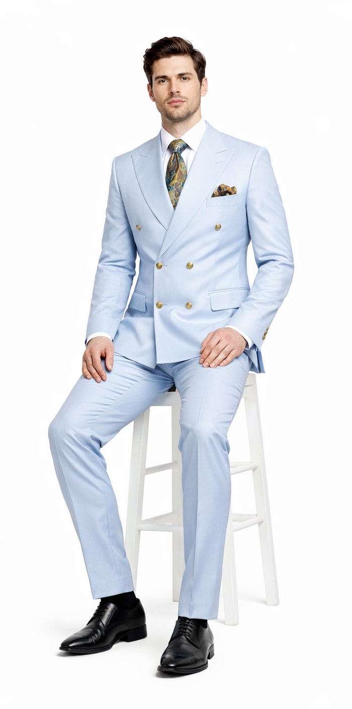 Rossiman Men’s Light Blue Slim Fit Suit | Elegant Double-Breasted Design – Italian Tailored 3-Piece Luxury Suit