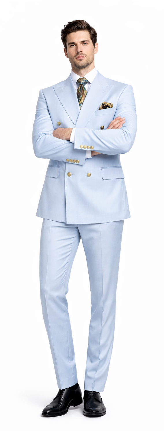 Rossiman Men’s Light Blue Slim Fit Suit | Elegant Double-Breasted Design – Italian Tailored 3-Piece Luxury Suit