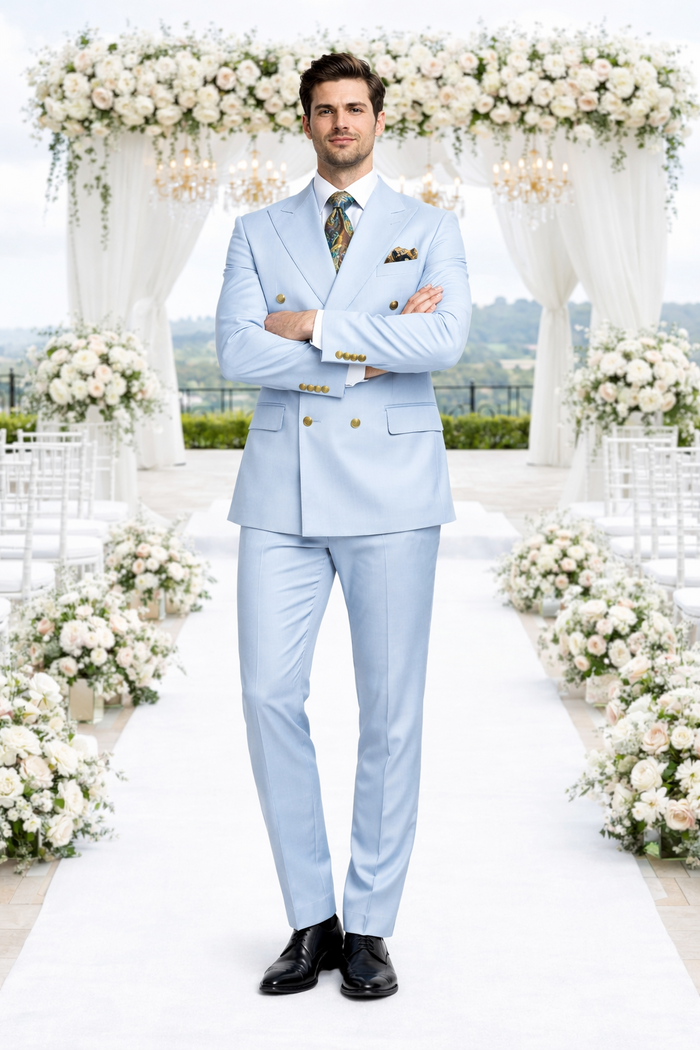 Rossiman Men’s Light Blue Slim Fit Suit | Elegant Double-Breasted Design – Italian Tailored 3-Piece Luxury Suit