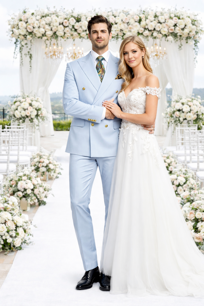 Rossiman Men’s Light Blue Slim Fit Suit | Elegant Double-Breasted Design – Italian Tailored 3-Piece Luxury Suit