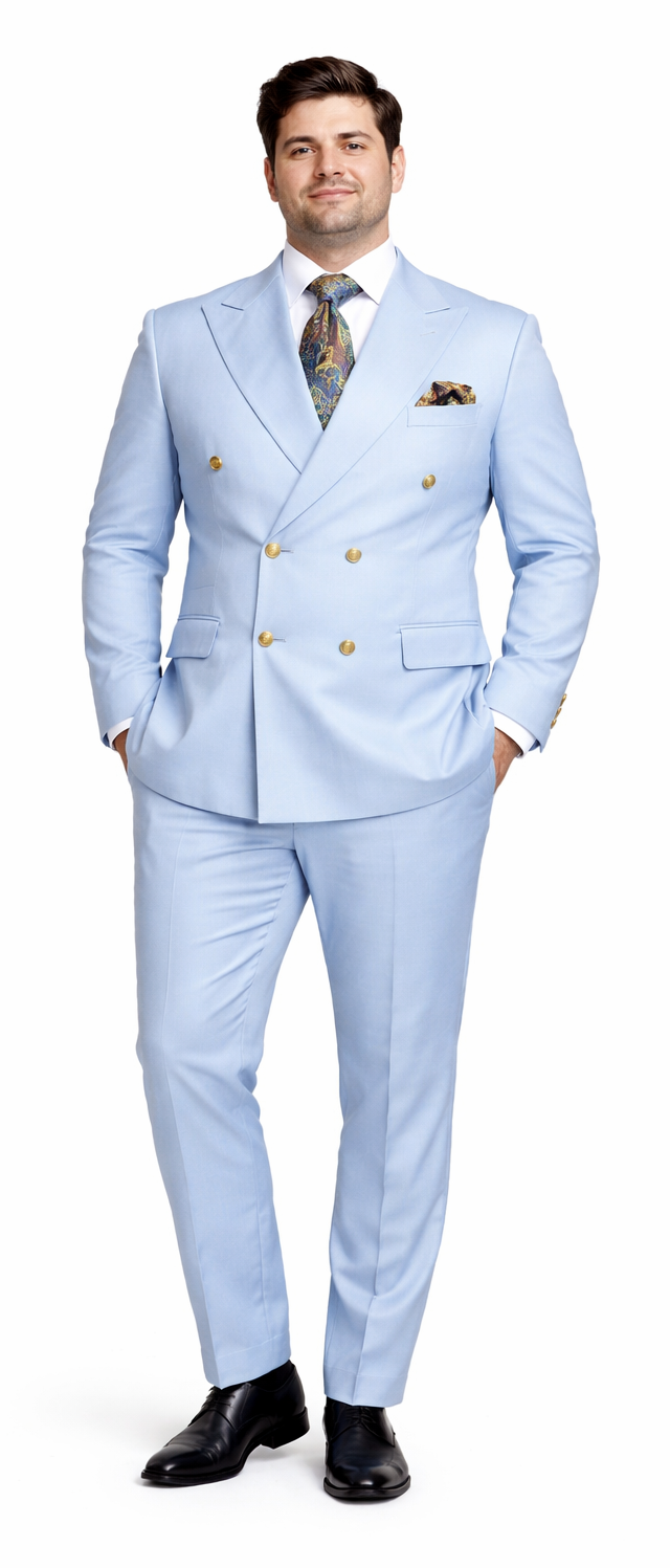 Rossiman Men’s Light Blue Slim Fit Suit | Elegant Double-Breasted Design – Italian Tailored 3-Piece Luxury Suit