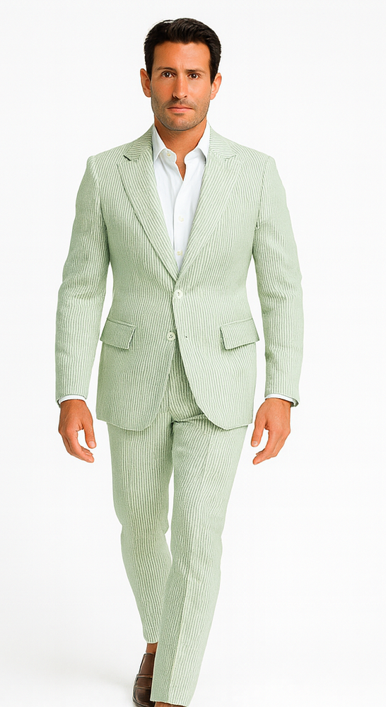 Rossiman Men’s Light Green Seersucker Suit – Peak Lapel Summer Formalwear