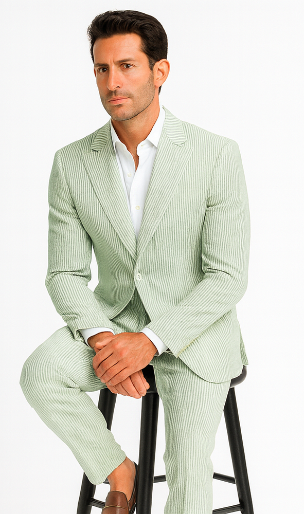 Rossiman Men’s Light Green Seersucker Suit – Peak Lapel Summer Formalwear