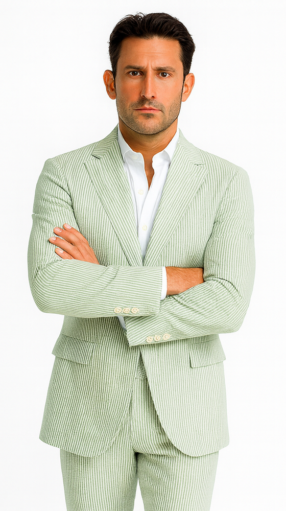 Rossiman Men’s Light Green Seersucker Suit – Peak Lapel Summer Formalwear