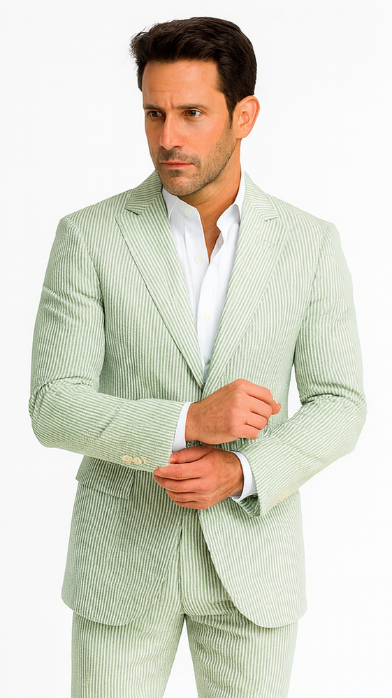 Rossiman Men’s Light Green Seersucker Suit – Peak Lapel Summer Formalwear