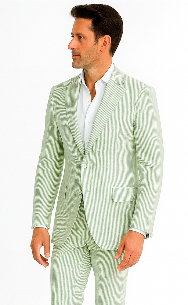 Rossiman Men’s Light Green Seersucker Suit – Peak Lapel Summer Formalwear