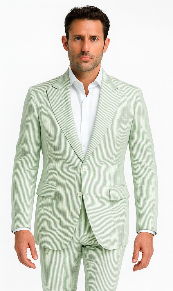 Rossiman Men’s Light Green Seersucker Suit – Peak Lapel Summer Formalwear