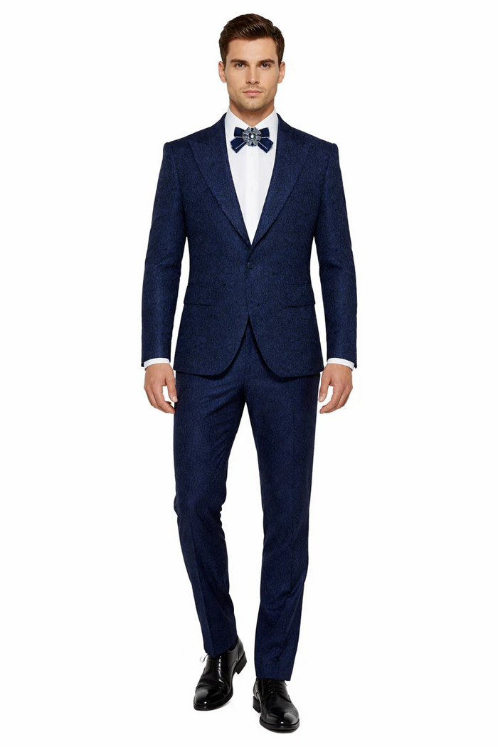 Rossiman Men’s Navy Blue Seersucker Suit – Peak Lapel Suit with Tone-on-Tone Shadow Stripe