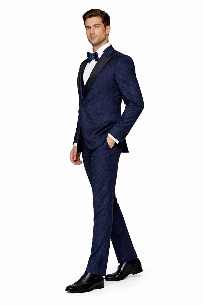 Rossiman Men’s Navy Blue Seersucker Suit – Peak Lapel Suit with Tone-on-Tone Shadow Stripe