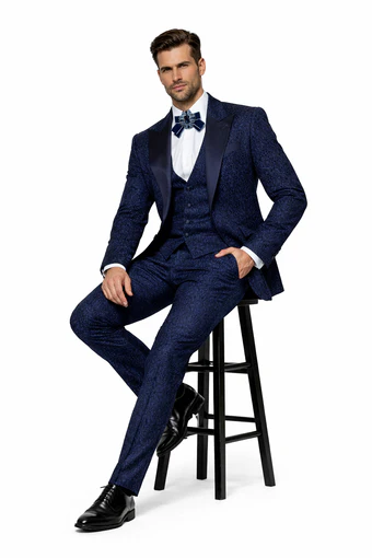Rossiman Men’s Navy Blue Seersucker Suit – Peak Lapel Suit with Tone-on-Tone Shadow Stripe