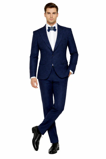 Rossiman Men’s Navy Blue Seersucker Suit – Peak Lapel Suit with Tone-on-Tone Shadow Stripe