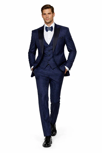 Rossiman Men’s Navy Blue Seersucker Suit – Peak Lapel Suit with Tone-on-Tone Shadow Stripe