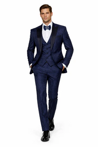 Rossiman Men’s Navy Blue Seersucker Suit – Peak Lapel Suit with Tone-on-Tone Shadow Stripe