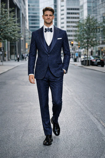 Rossiman Men’s Navy Blue Seersucker Suit – Peak Lapel Suit with Tone-on-Tone Shadow Stripe