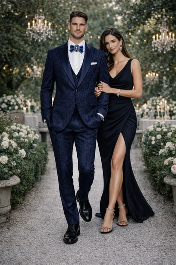 Rossiman Men’s Navy Blue Seersucker Suit – Peak Lapel Suit with Tone-on-Tone Shadow Stripe