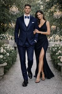 Rossiman Men’s Navy Blue Seersucker Suit – Peak Lapel Suit with Tone-on-Tone Shadow Stripe