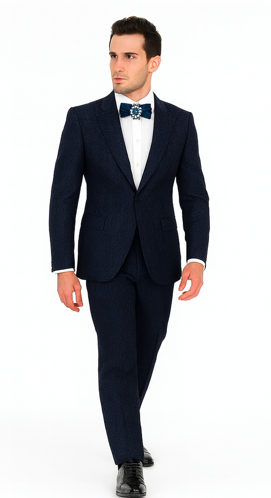 Rossiman Men’s Navy Blue Seersucker Suit – Peak Lapel Suit with Tone-on-Tone Shadow Stripe