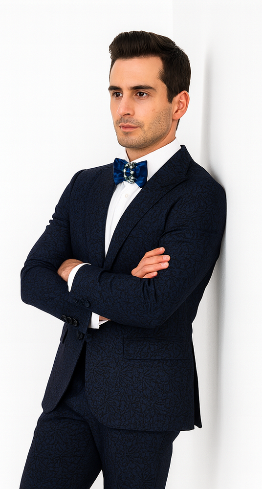 Rossiman Men’s Navy Blue Seersucker Suit – Peak Lapel Suit with Tone-on-Tone Shadow Stripe