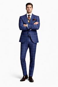 Rossiman Men’s Navy & Gray Plaid Double-Breasted Suit –  Two-Piece Formalwear
