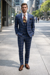 Rossiman Men’s Navy & Gray Plaid Double-Breasted Suit –  Two-Piece Formalwear