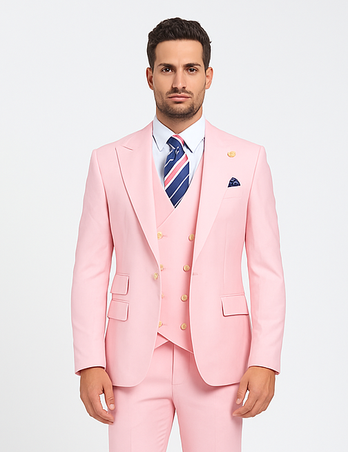 Rossiman Men’s Pink Suit | 1-Button Peak Lapel Jacket & Double-Breasted Vest – Italian Tailored 3-Piece Luxury Suit
