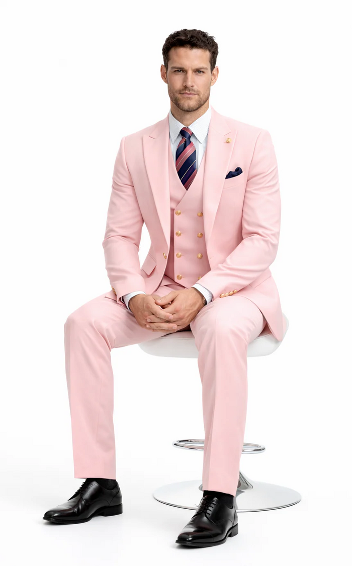 Rossiman Men’s Pink Suit | 1-Button Peak Lapel Jacket & Double-Breasted Vest – Italian Tailored 3-Piece Luxury Suit
