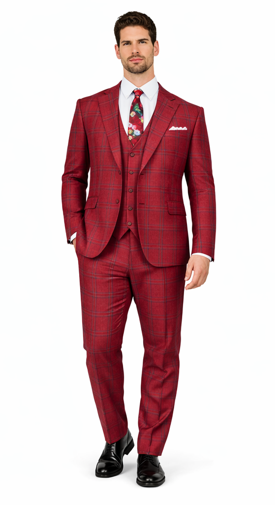 Rossiman Men’s Red & Blue Plaid Double-Breasted Suit – Two-Piece Formalwear