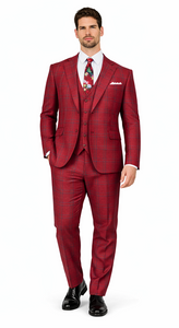 Rossiman Men’s Red & Blue Plaid Double-Breasted Suit – Two-Piece Formalwear
