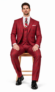 Rossiman Men’s Red & Blue Plaid Double-Breasted Suit – Two-Piece Formalwear