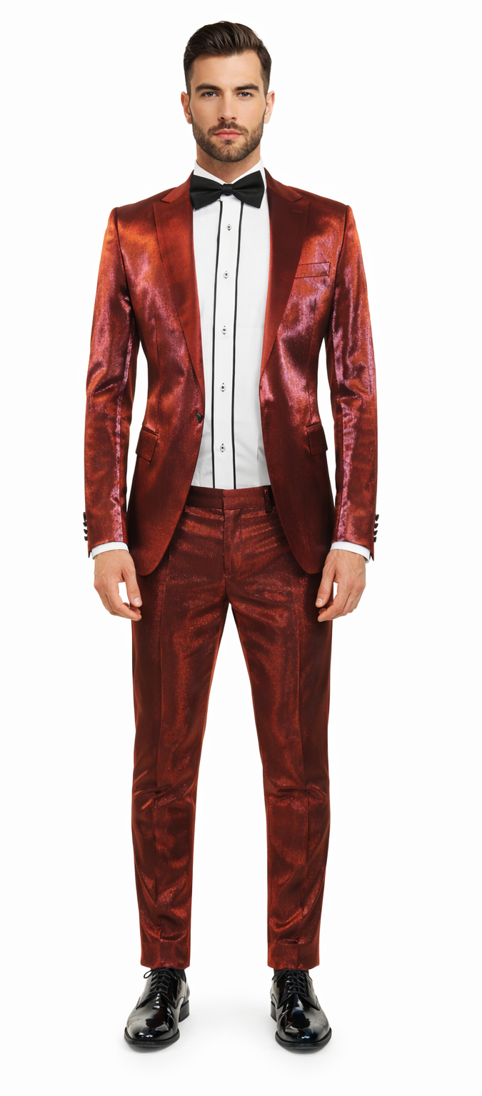 Rossiman Men’s Red Sateen Suit | Glossy Finish Bold Formalwear – Italian Tailored Double-Breasted Luxury Suit