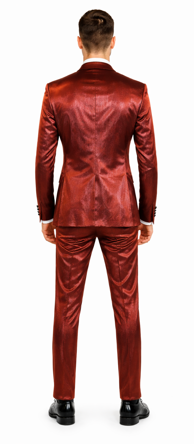 Rossiman Men’s Red Sateen Suit | Glossy Finish Bold Formalwear – Italian Tailored Double-Breasted Luxury Suit
