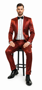 Rossiman Men’s Red Sateen Suit | Glossy Finish Bold Formalwear – Italian Tailored Double-Breasted Luxury Suit