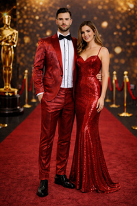 Rossiman Men’s Red Sateen Suit | Glossy Finish Bold Formalwear – Italian Tailored Double-Breasted Luxury Suit