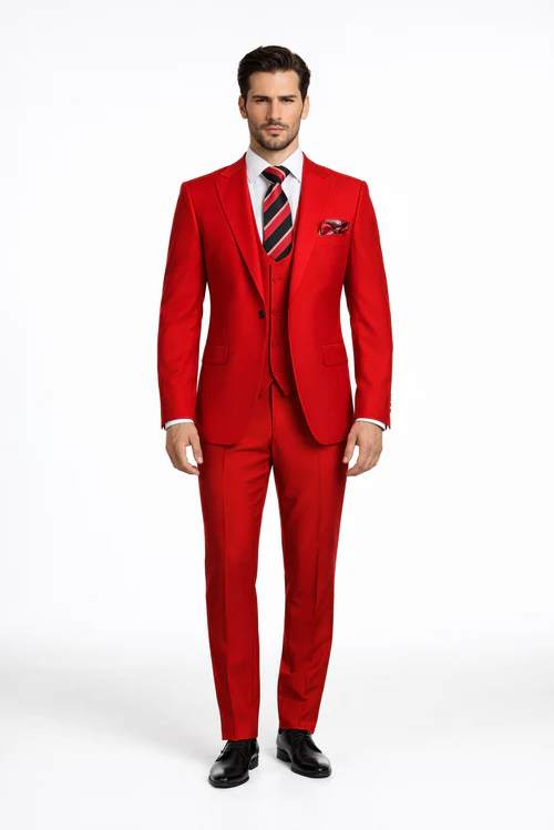 Rossiman Men’s Red Slim Fit Suit | Stylish Double-Breasted Jacket – Italian Tailored 3-Piece Luxury Suit for Men