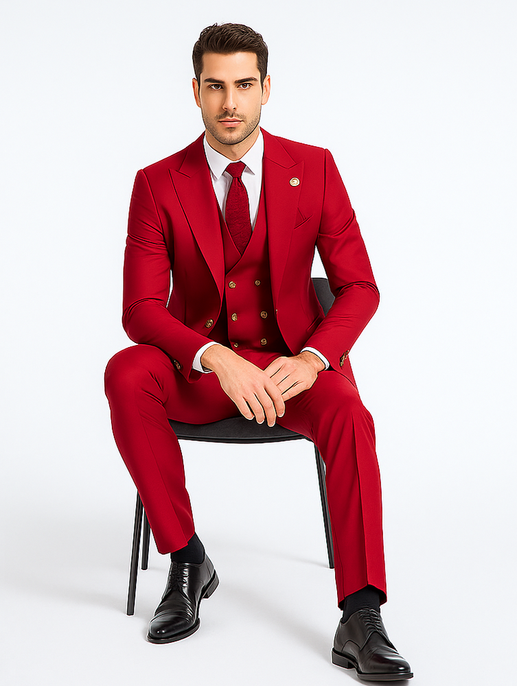Rossiman Men’s Red Suit | Stylish 1-Button Peak Lapel Jacket & Double-Breasted Vest – Italian Tailored Luxury 3-Piece Suit