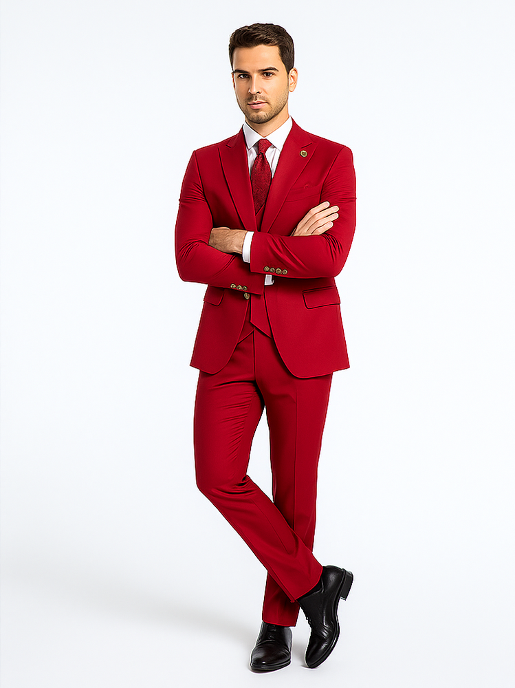 Rossiman Men’s Red Suit | Stylish 1-Button Peak Lapel Jacket & Double-Breasted Vest – Italian Tailored Luxury 3-Piece Suit