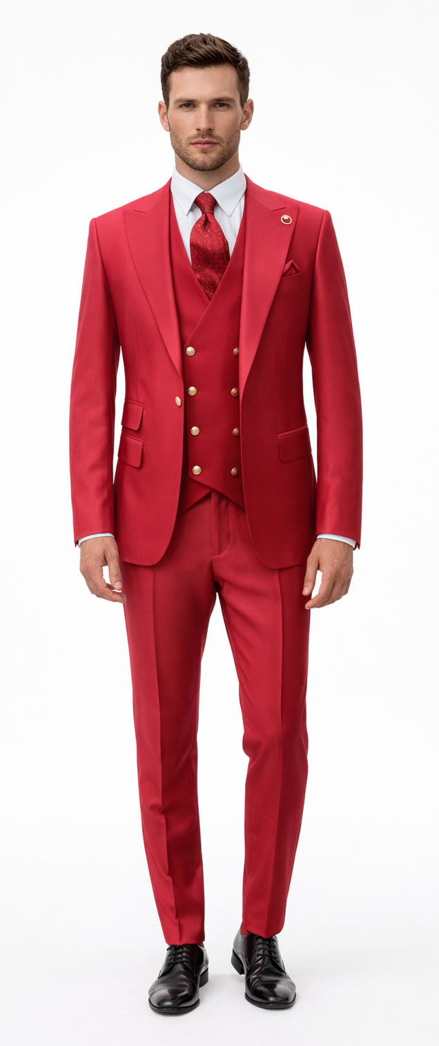 Rossiman Men’s Red Suit | Stylish 1-Button Peak Lapel Jacket & Double-Breasted Vest – Italian Tailored Luxury 3-Piece Suit