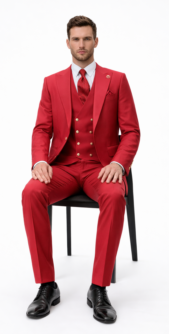 Rossiman Men’s Red Suit | Stylish 1-Button Peak Lapel Jacket & Double-Breasted Vest – Italian Tailored Luxury 3-Piece Suit