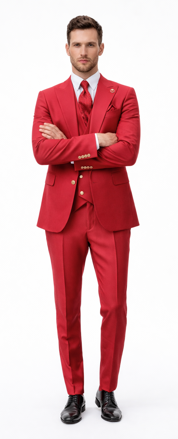 Rossiman Men’s Red Suit | Stylish 1-Button Peak Lapel Jacket & Double-Breasted Vest – Italian Tailored Luxury 3-Piece Suit