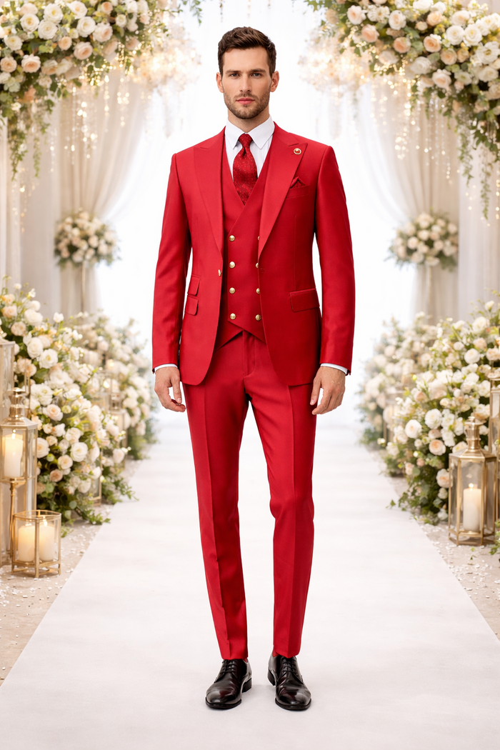 Rossiman Men’s Red Suit | Stylish 1-Button Peak Lapel Jacket & Double-Breasted Vest – Italian Tailored Luxury 3-Piece Suit
